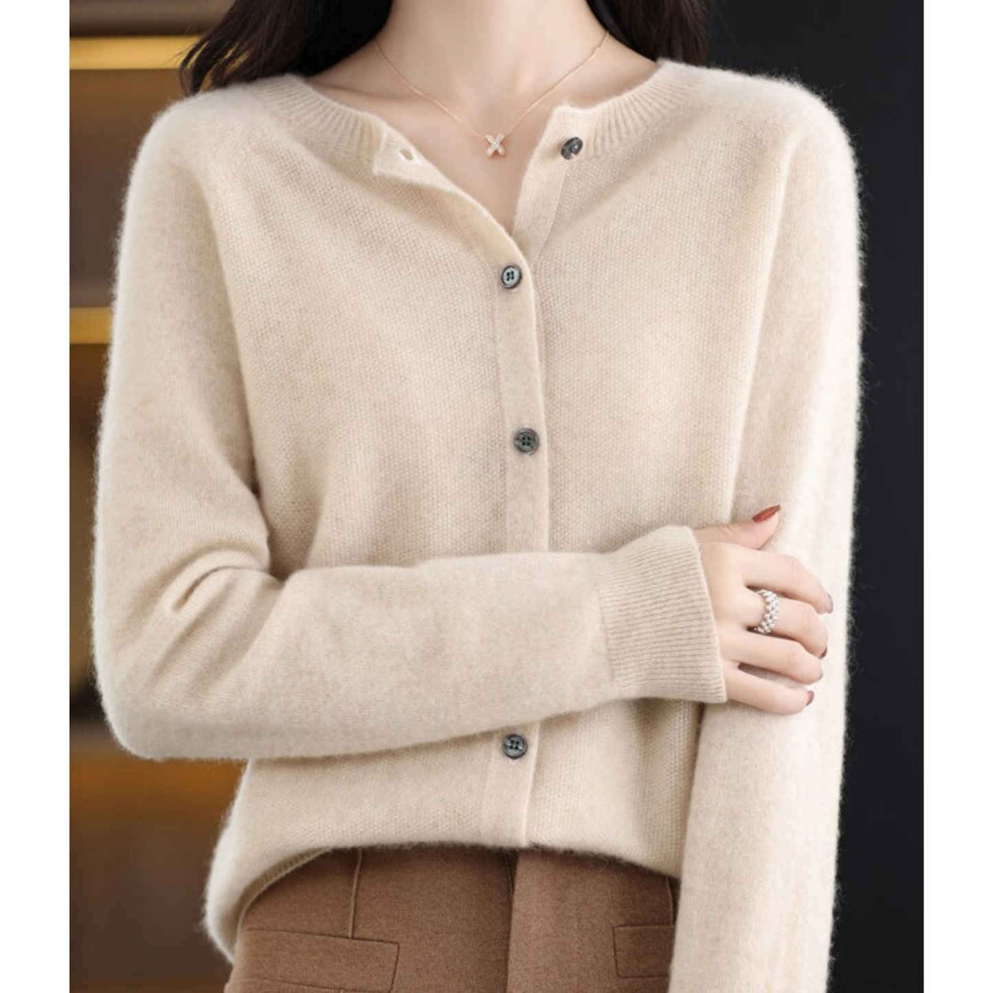 Sylis-Mode | Merino wool Women O-neck knitted cardigan sweater