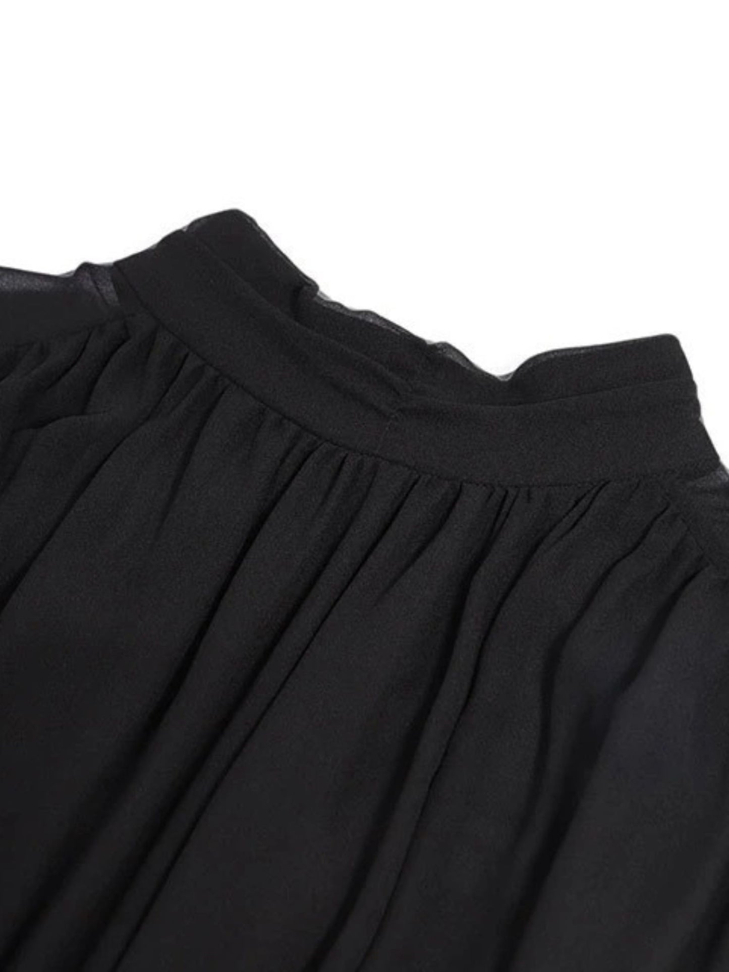 Close up of the neckline detail of black high-neck pleated midi dress