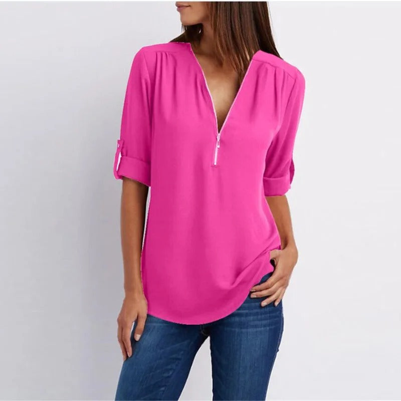 Sylis - Stylish Plus Size Loose V-Neck Chiffon Blouse