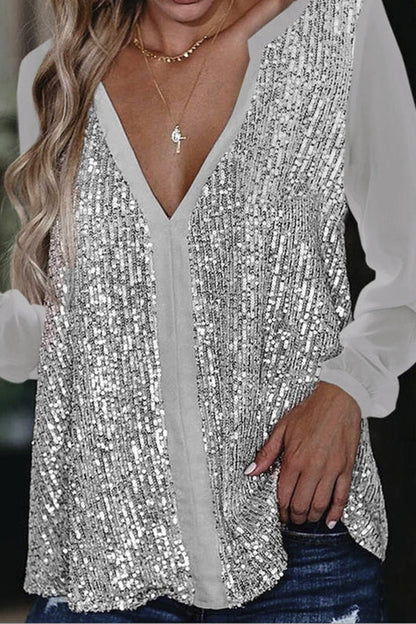 Sylis-Mode | Long Sleeve Sequin V Neck Blouse