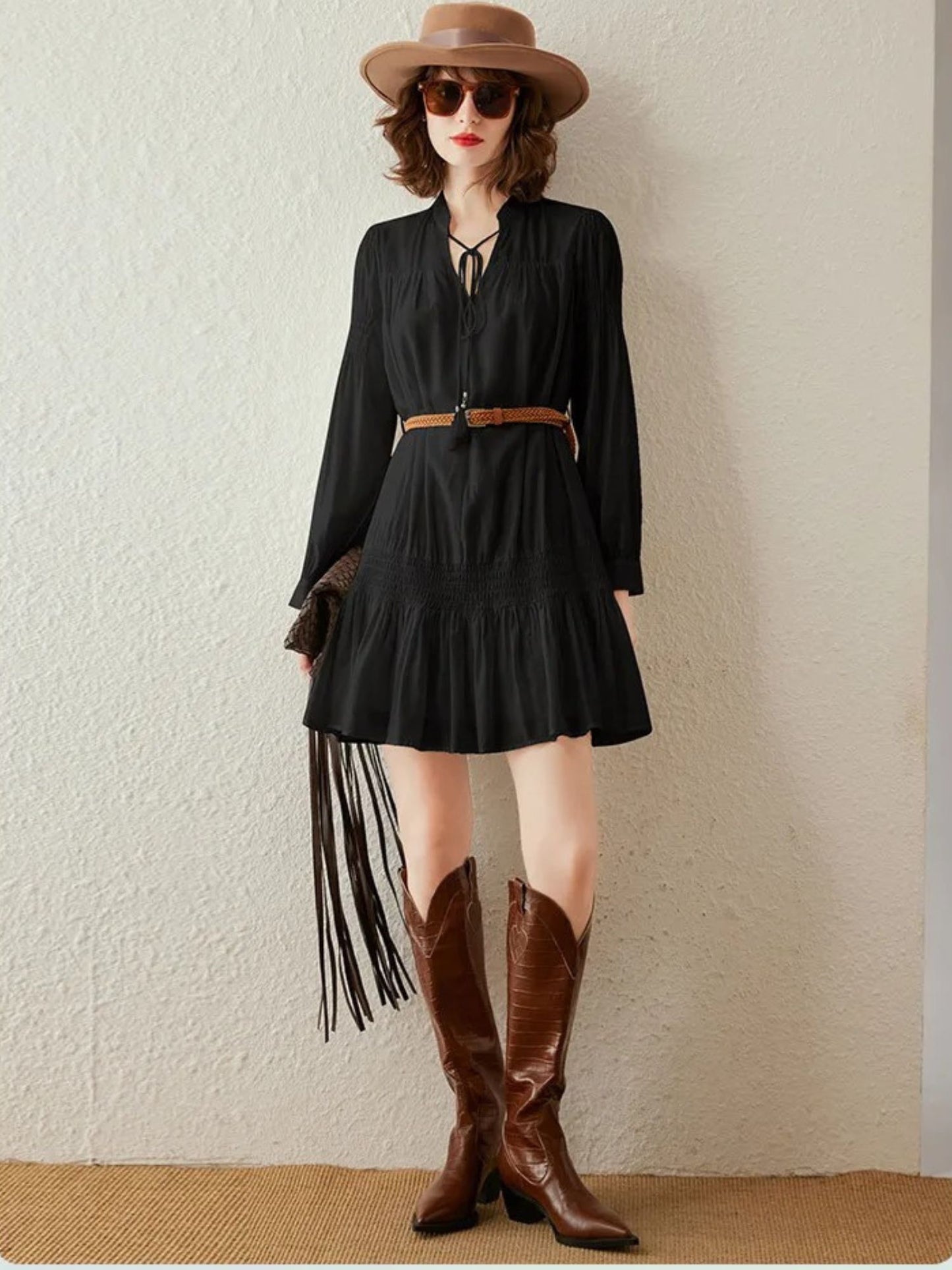 Boho V-Neck Mini Dress with Brown Belt