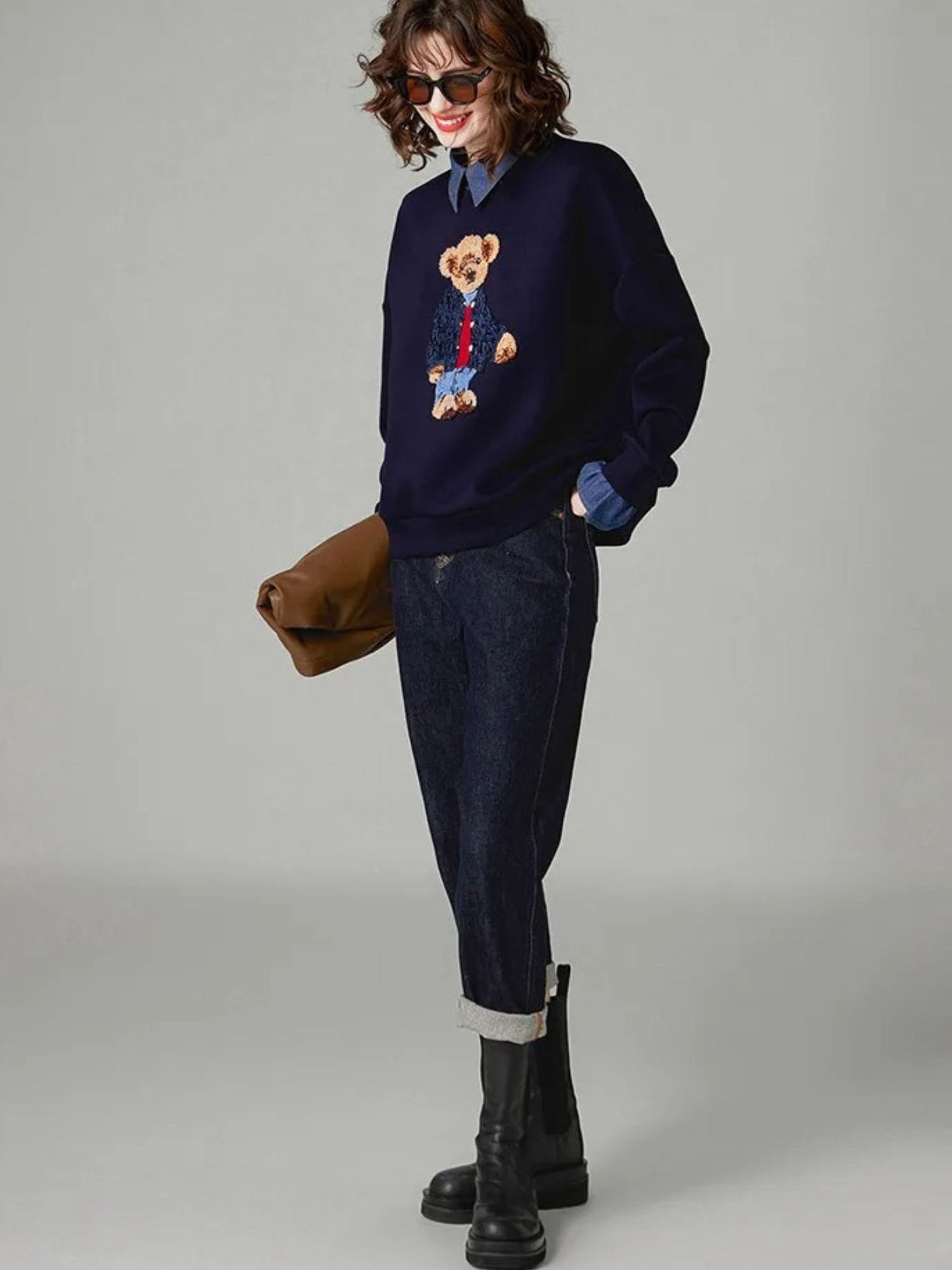 Teddy Bear Embroidered Jumper with Denim Collar