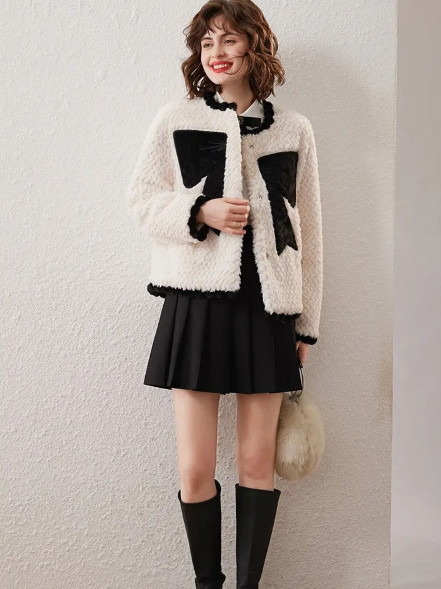 Faux Fur Jacket with Velvet Bow Design