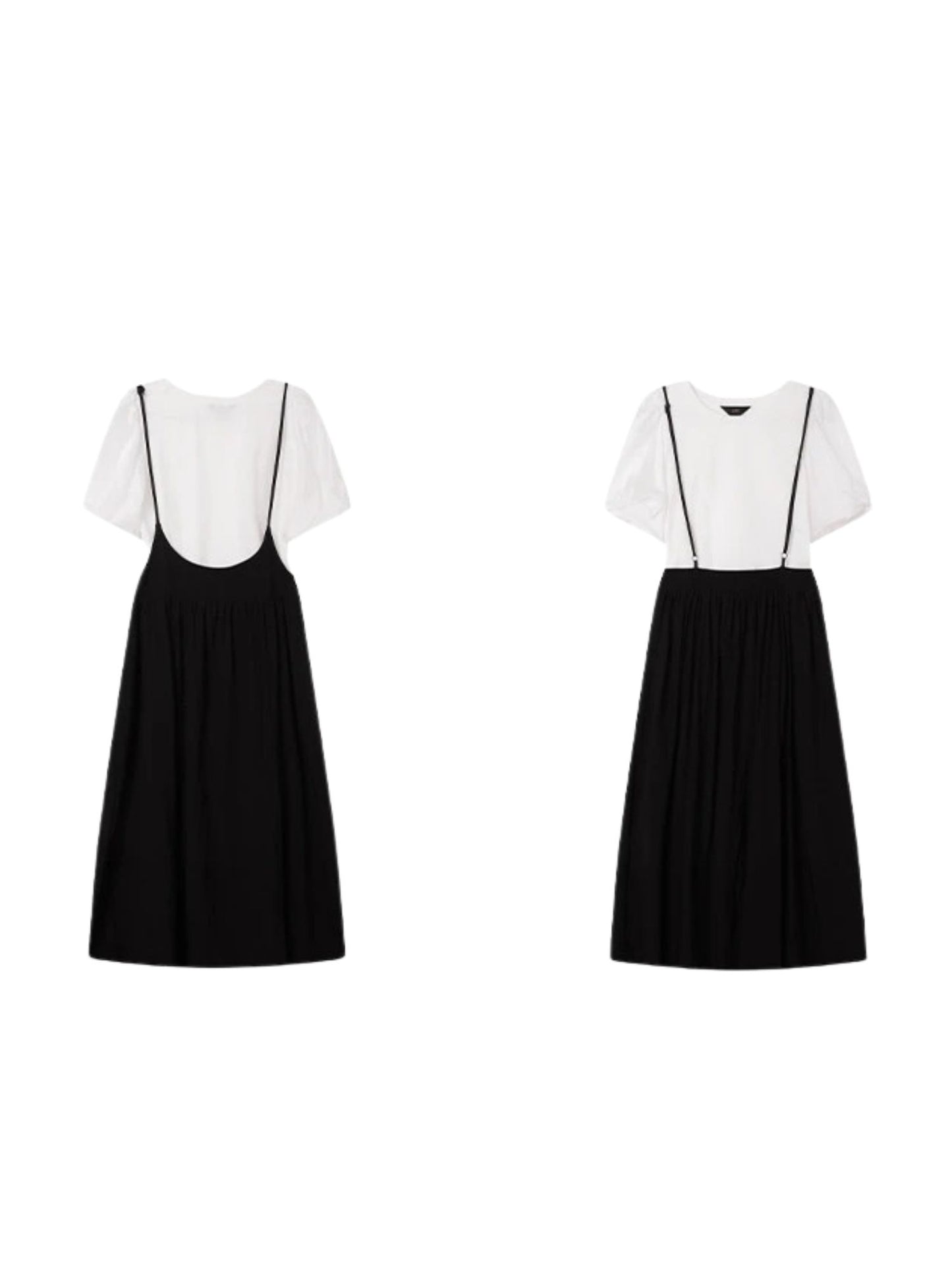 Suspender Dress Set with Puff Sleeve Blouse