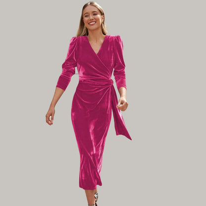 Sylis | Midi wrap dress in velvet with puff sleeves