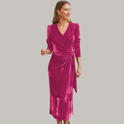 Sylis | Midi wrap dress in velvet with puff sleeves