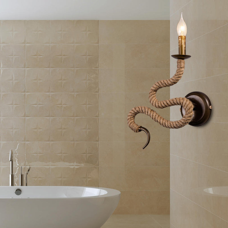 Candle Holder Ropestone Wall Lamp with Curved Design Vintage 1 Light Bedroom Wall Mounted Lamp in Bronze