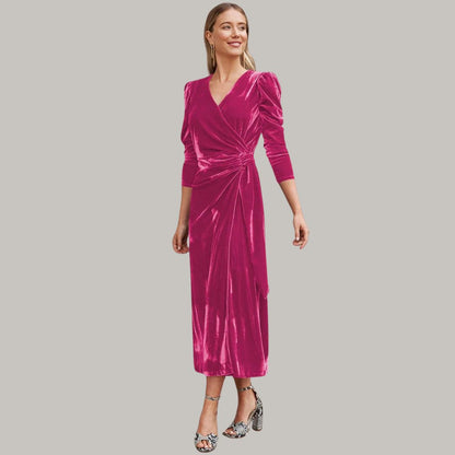 Sylis midi long wrap type velvet dress with puffed sleeves