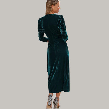 Sylis | Midi wrap dress in velvet with puff sleeves