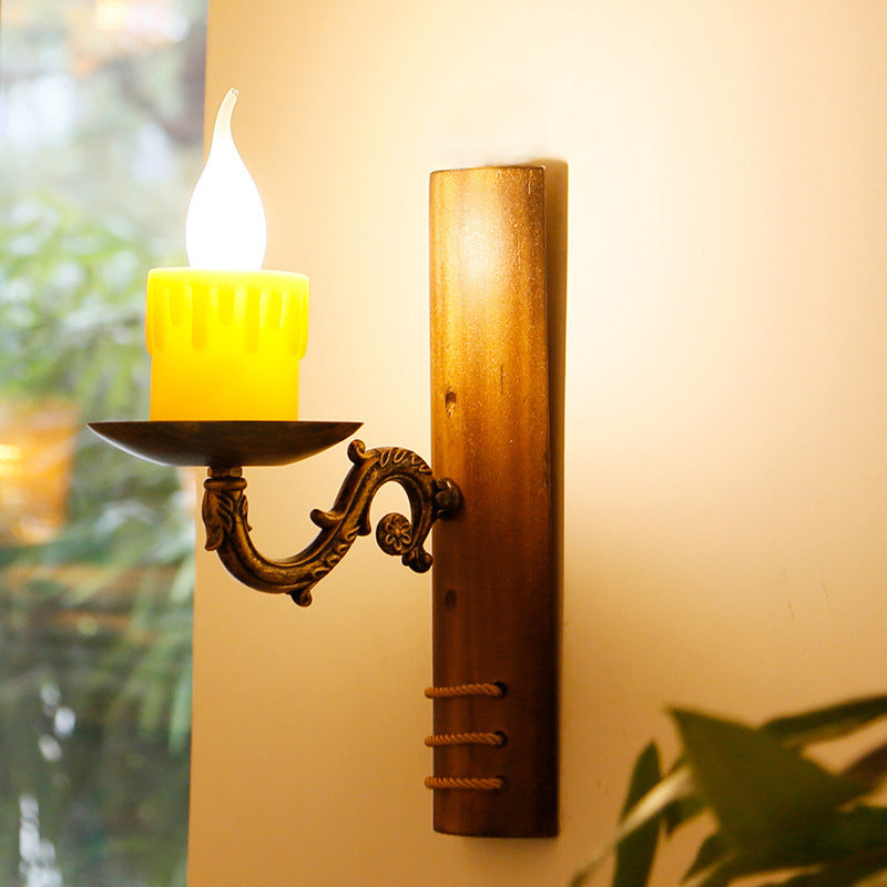 Brown rectangular wall light Cottage Bamboo 1 bulb living room wall light with flameless candle