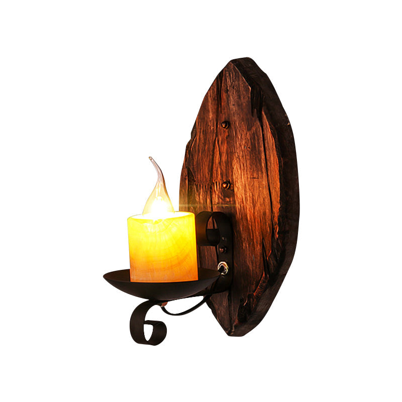 Oval/Fish-shaped Wooden Wall Sconce Light Rustic 1 Head Kitchen Wall-mounted Lamp with Candle/Lantern in Brown