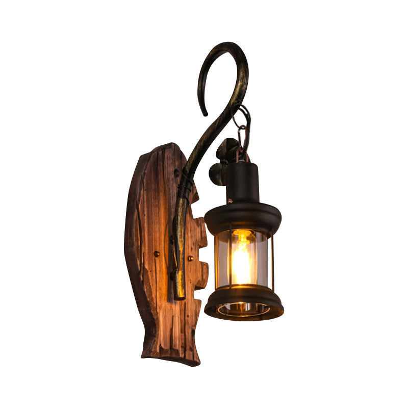 Oval/Fish-shaped Wooden Wall Sconce Light Rustic 1 Head Kitchen Wall-mounted Lamp with Candle/Lantern in Brown