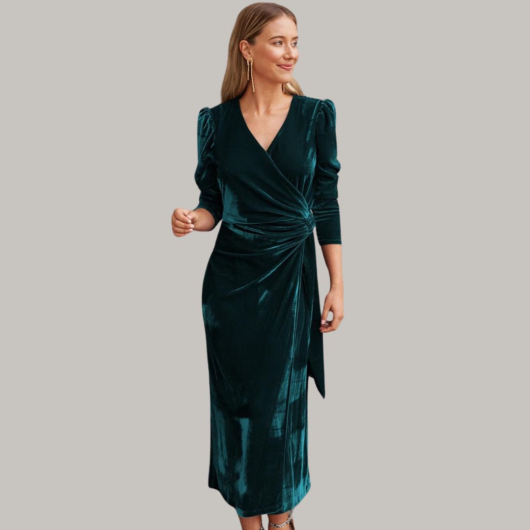 Sylis midi long wrap type velvet dress with puffed sleeves
