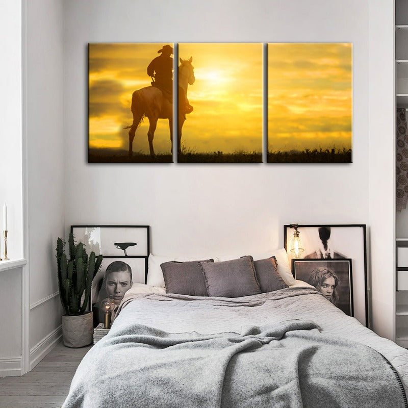 Cowboy And His Steed - Canvas Wall Art Painting 3 Pieces