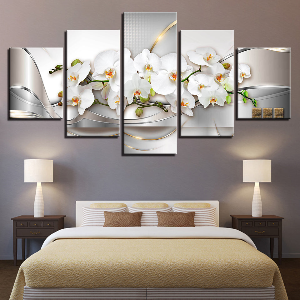Metallic White Orchids 5 Piece - Canvas Wall Art Painting