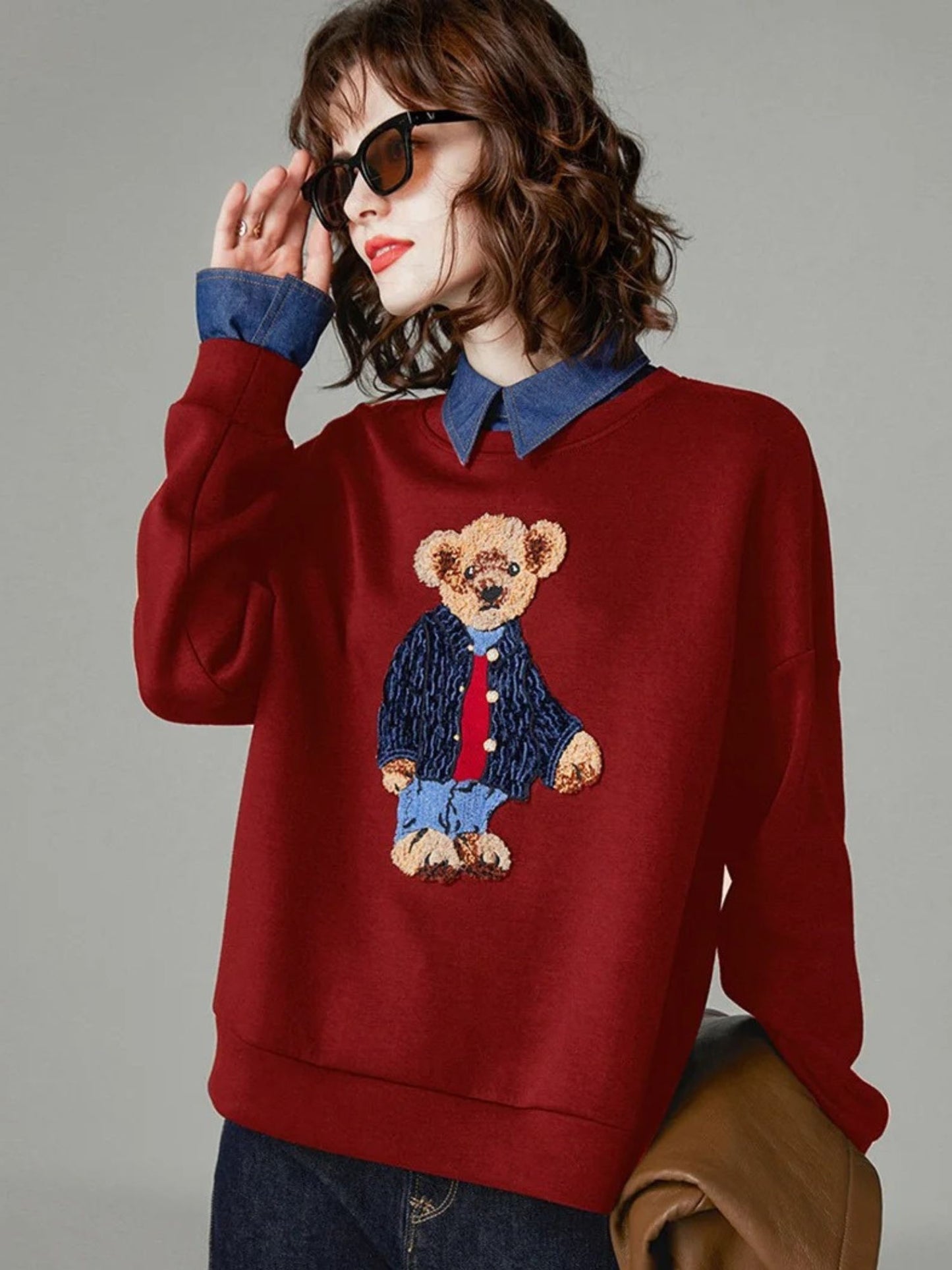 Teddy Bear Embroidered Jumper with Denim Collar