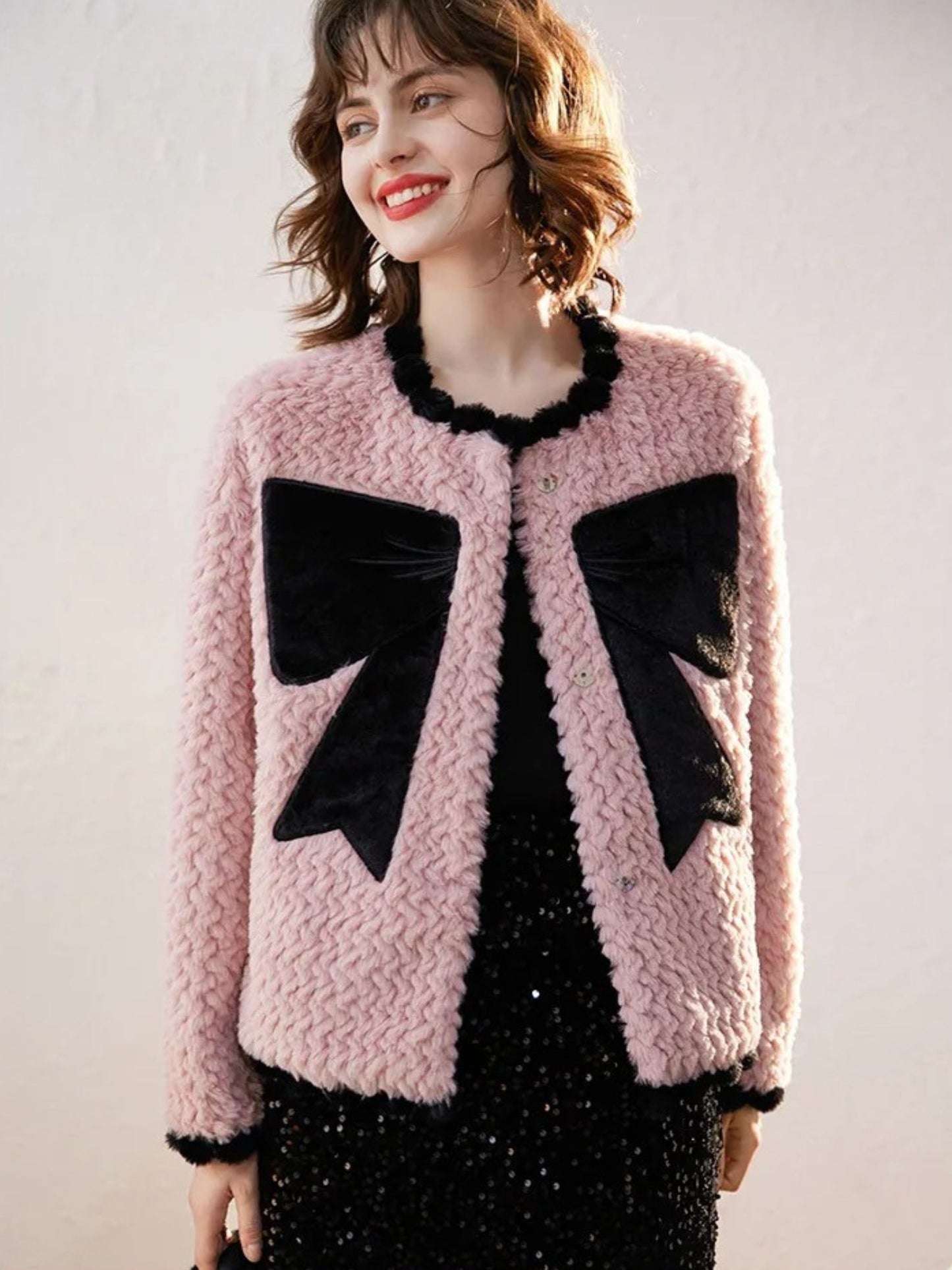 Faux Fur Jacket with Velvet Bow Design