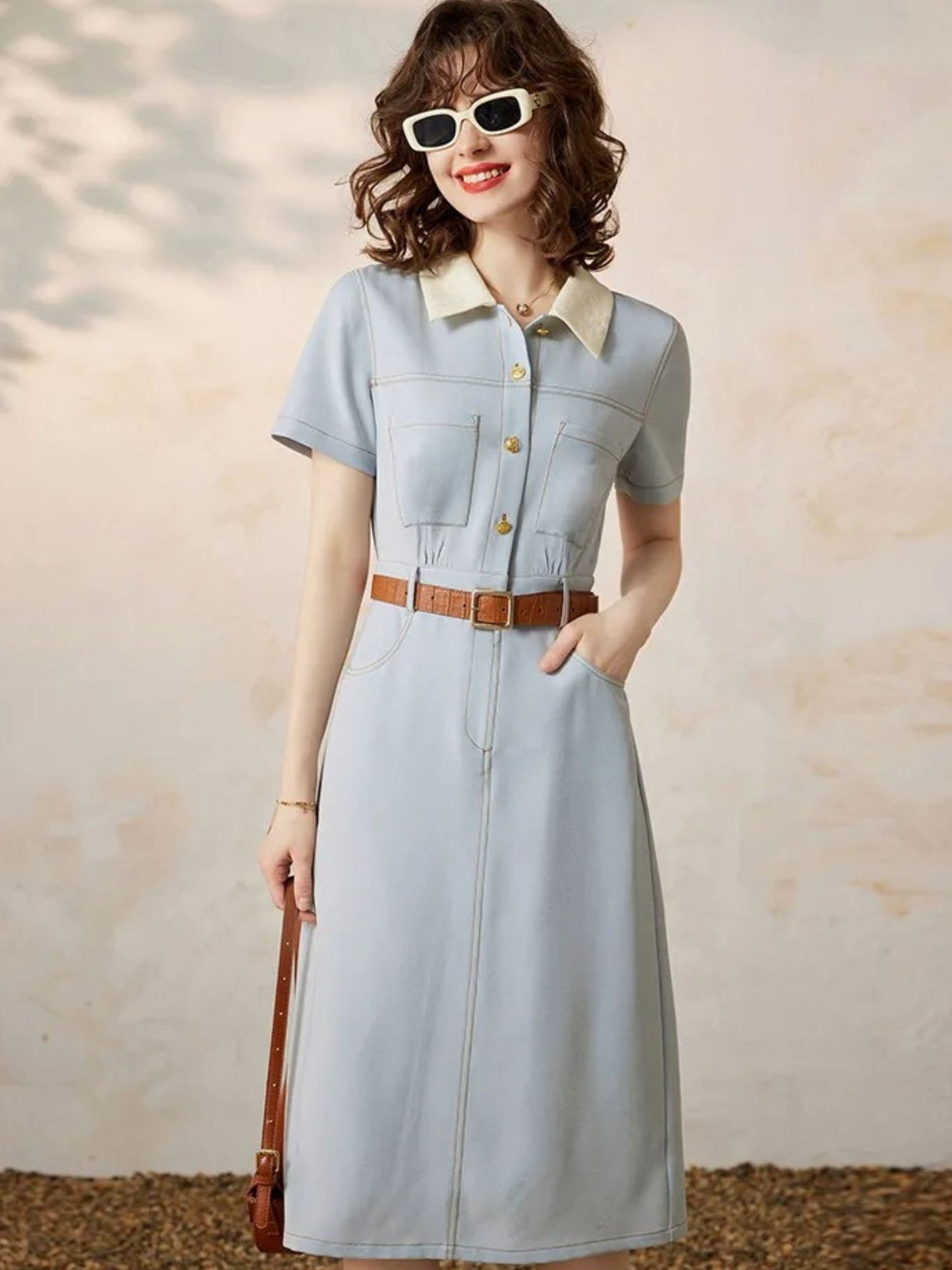 A-Line Shirt Dress with Turn-Down Collar