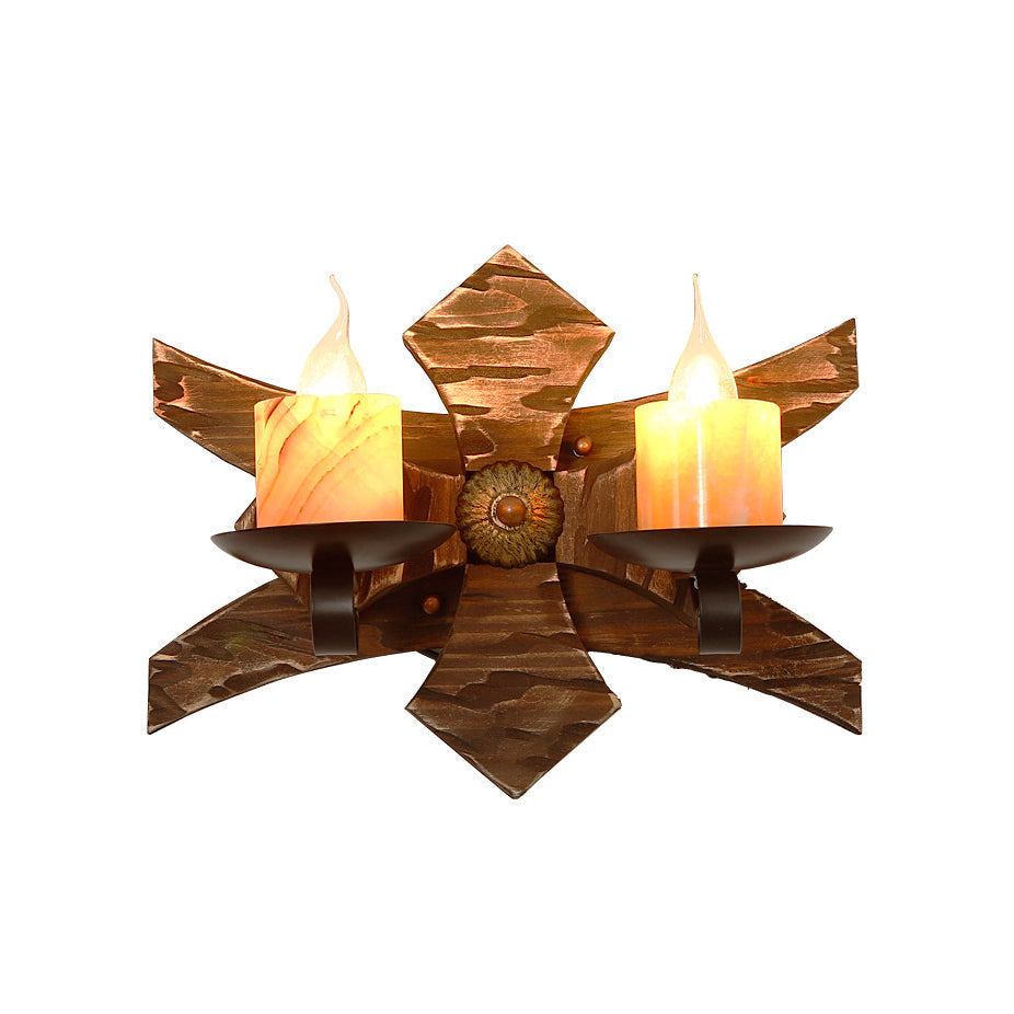 Black Candle/Lantern Wall Lighting Vintage Style Clear Glass/Marble 2-Light Indoor Wall Sconce with Wooden Back Plate