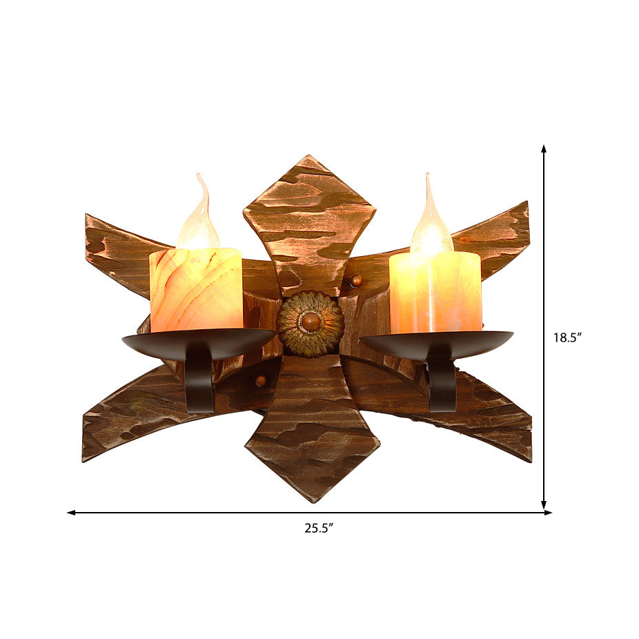 Black Candle/Lantern Wall Lighting Vintage Style Clear Glass/Marble 2-Light Indoor Wall Sconce with Wooden Back Plate