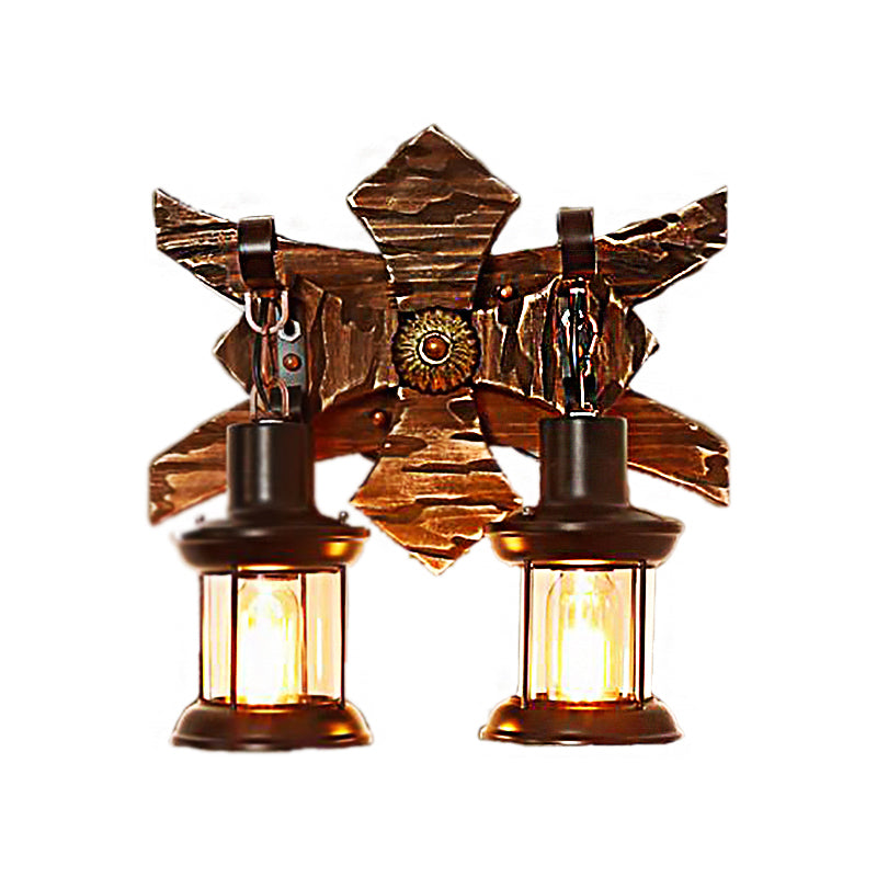 Black Candle/Lantern Wall Lighting Vintage Style Clear Glass/Marble 2-Light Indoor Wall Sconce with Wooden Back Plate