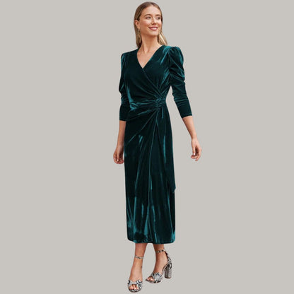 Sylis midi long wrap type velvet dress with puffed sleeves