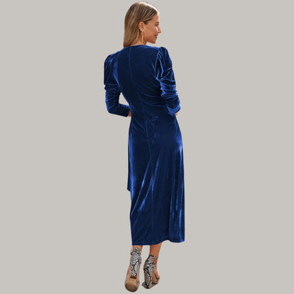 Sylis midi long wrap type velvet dress with puffed sleeves