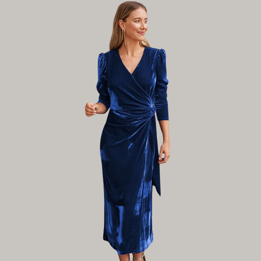 Sylis | Midi wrap dress in velvet with puff sleeves