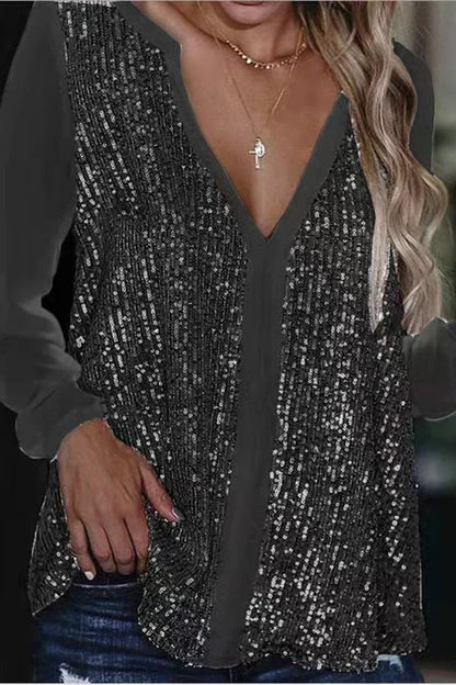 Sylis-Mode | Long Sleeve Sequin V Neck Blouse