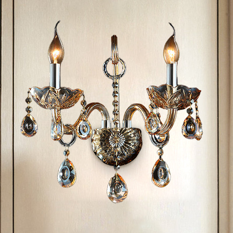 Amber Glass Candle Holder Light Modernism 1/2 Heads Bedroom Wall Light Lamp with Crystal Drop Accent