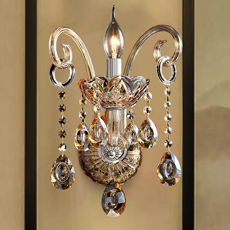 Amber Glass Candle Holder Light Modernism 1/2 Heads Bedroom Wall Light Lamp with Crystal Drop Accent