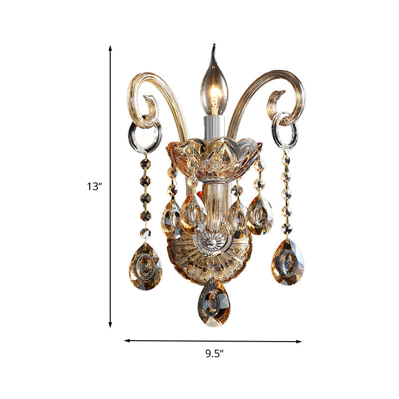 Amber Glass Candle Holder Light Modernism 1/2 Heads Bedroom Wall Light Lamp with Crystal Drop Accent
