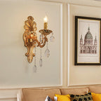 Candle Holder Wall Lamp Postmodern Metal 1/2 Heads Living Room Sconce Lamp in Brass with Crystal Drop Accent