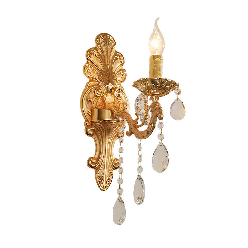 Candle Holder Wall Lamp Postmodern Metal 1/2 Heads Living Room Sconce Lamp in Brass with Crystal Drop Accent