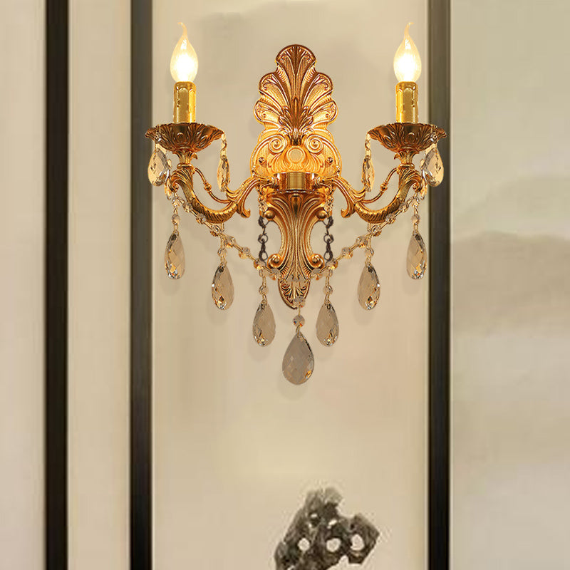 Candle Holder Wall Lamp Postmodern Metal 1/2 Heads Living Room Sconce Lamp in Brass with Crystal Drop Accent