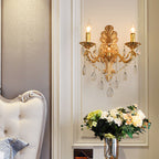 Candle Holder Wall Lamp Postmodern Metal 1/2 Heads Living Room Sconce Lamp in Brass with Crystal Drop Accent