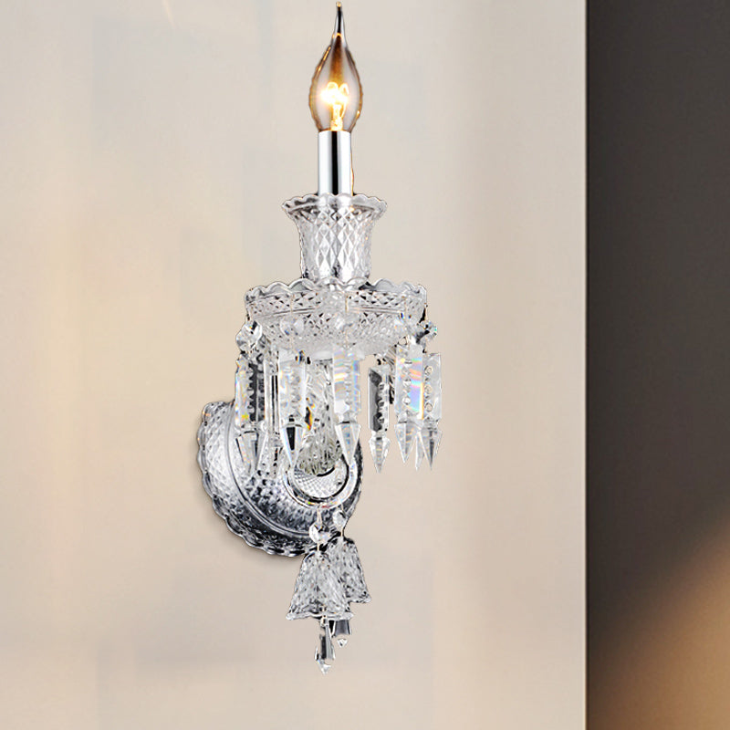 Candle holder Clear Glass Wall Lamp Fixture Modern 1/2 Cups Chrome Wall Lamp with Diamond Shaped Crystal Decoration
