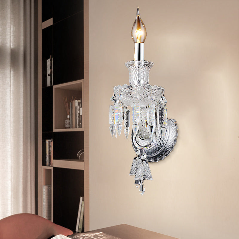 Candle holder Clear Glass Wall Lamp Fixture Modern 1/2 Cups Chrome Wall Lamp with Diamond Shaped Crystal Decoration