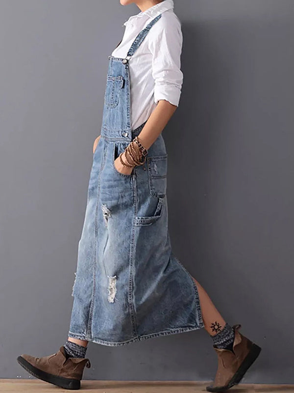 Sylis - Denim Dungaree Dress with Back Split