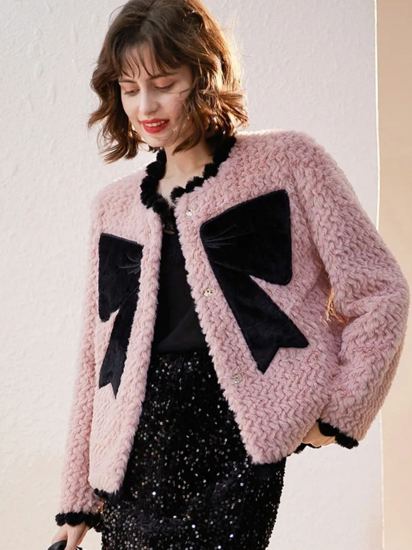 Faux Fur Jacket with Velvet Bow Design