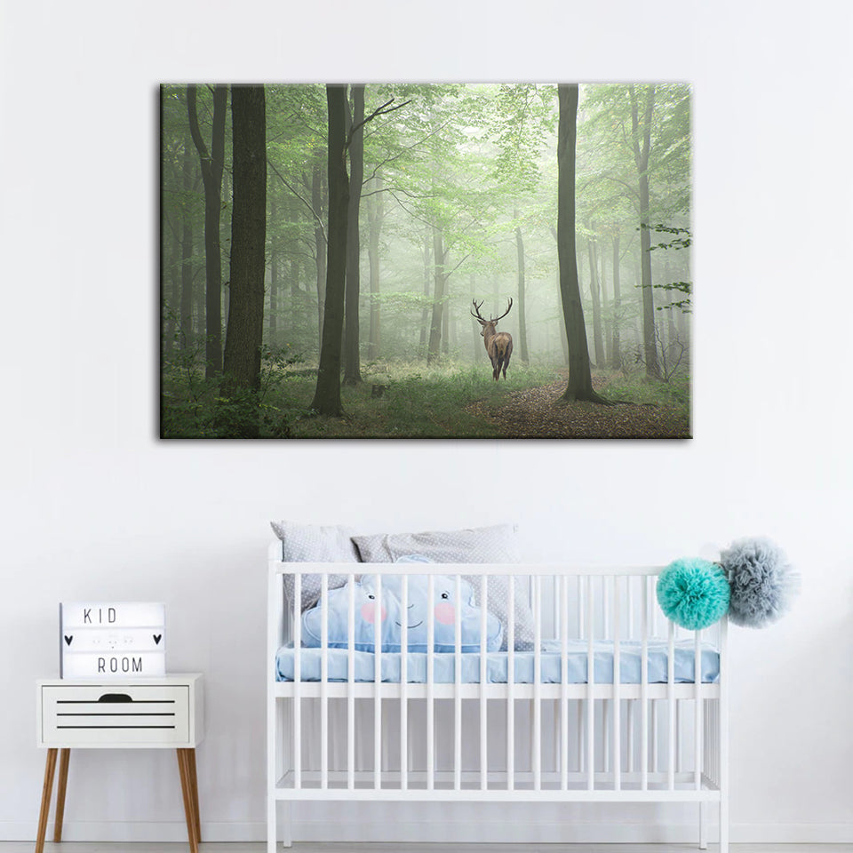 Misty Mystical Deer In The Woods - Canvas Wall Art Painting