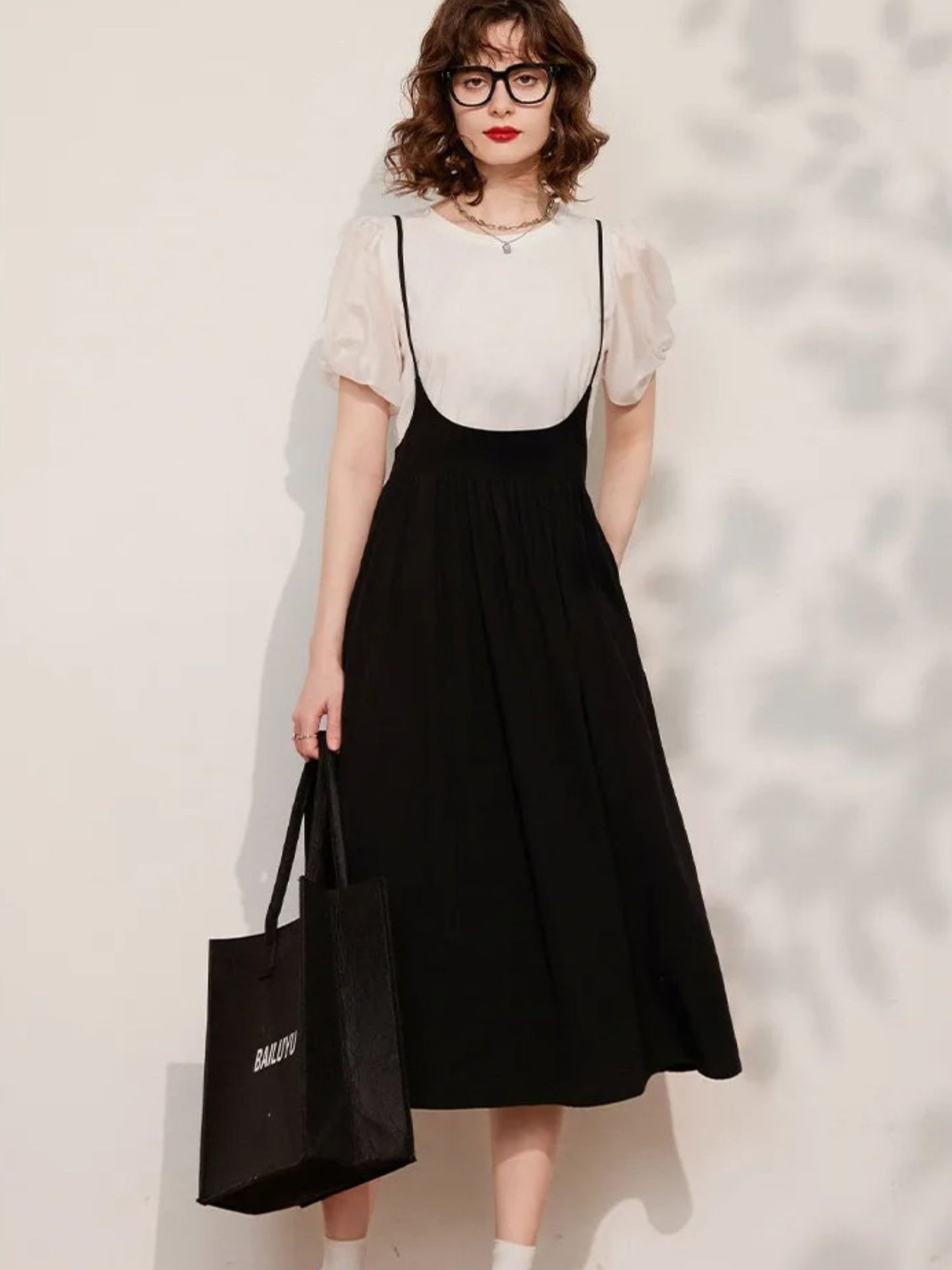 Suspender Dress Set with Puff Sleeve Blouse