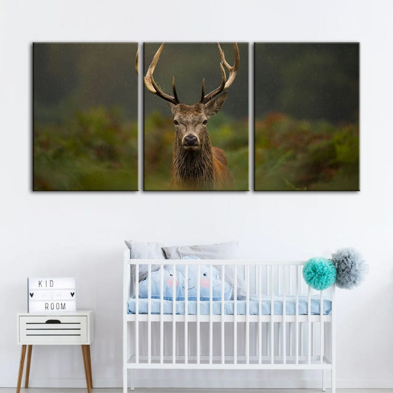 Curios Deer Amongst Ferns-Canvas Wall Art Painting 3 Pieces