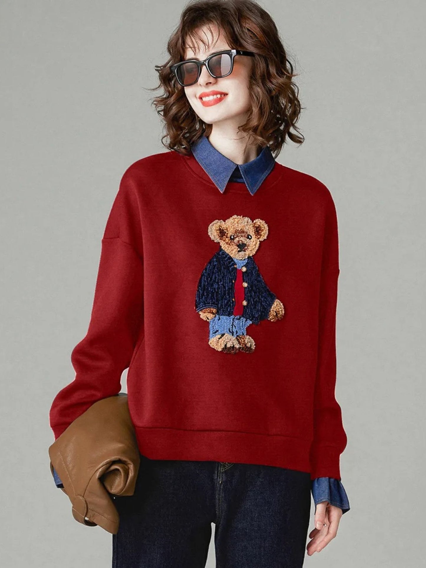 Teddy Bear Embroidered Jumper with Denim Collar