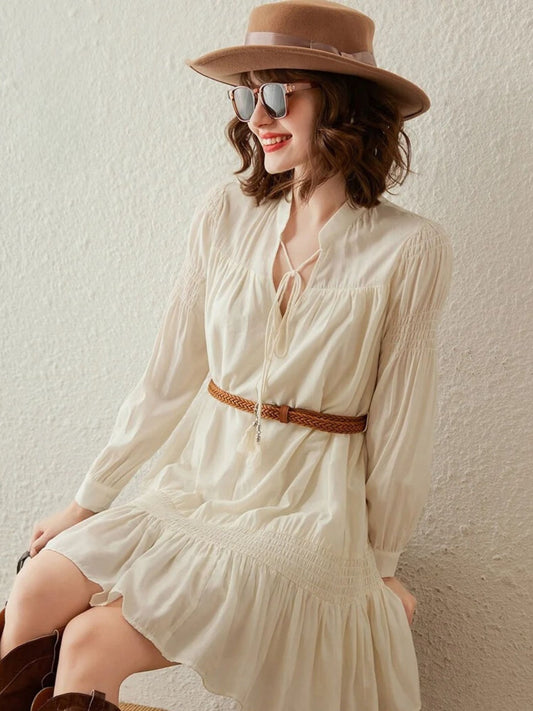 Boho V-Neck Mini Dress with Brown Belt