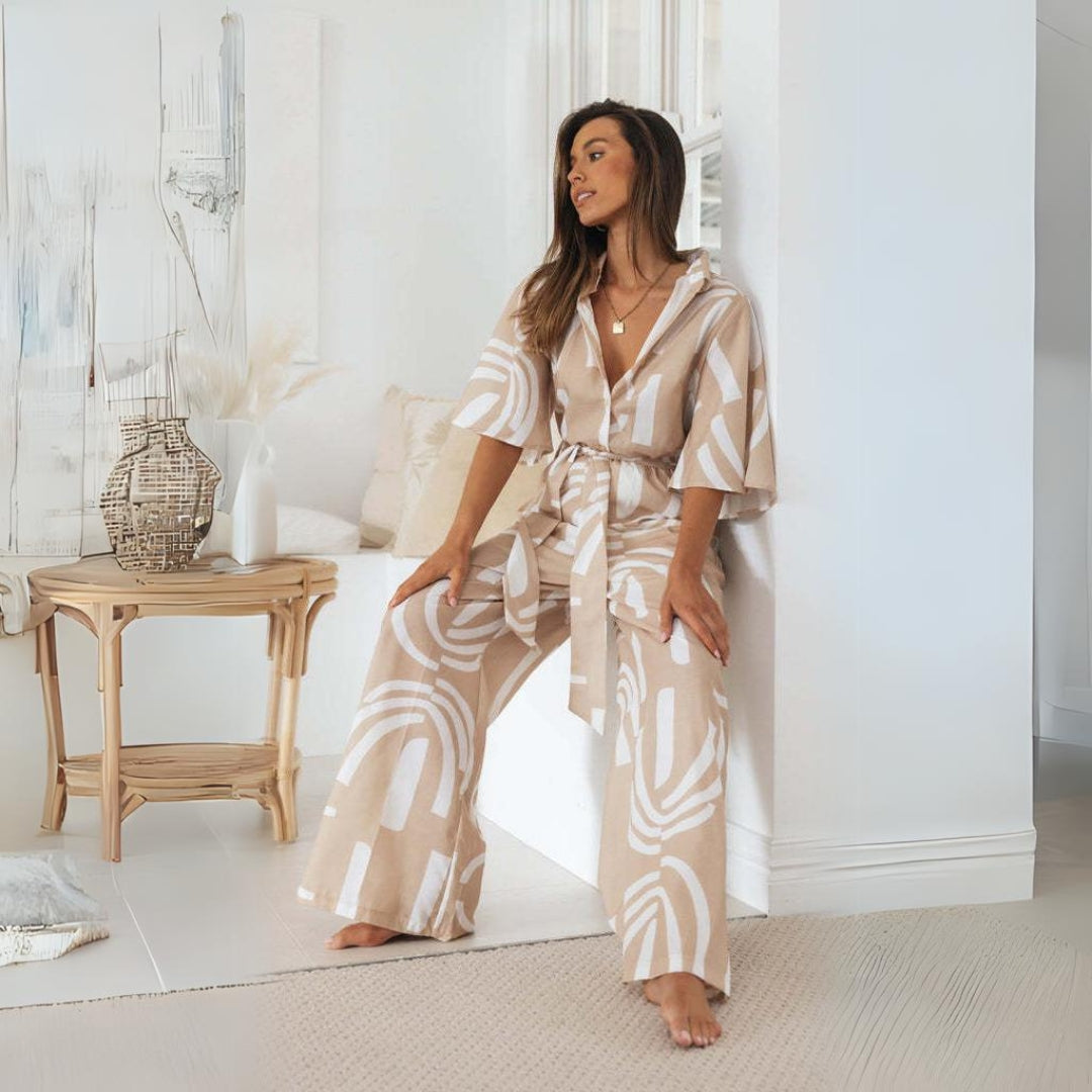 Sylis | Beige Print Jumpsuit with Belt