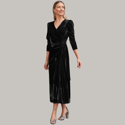 Sylis midi long wrap type velvet dress with puffed sleeves