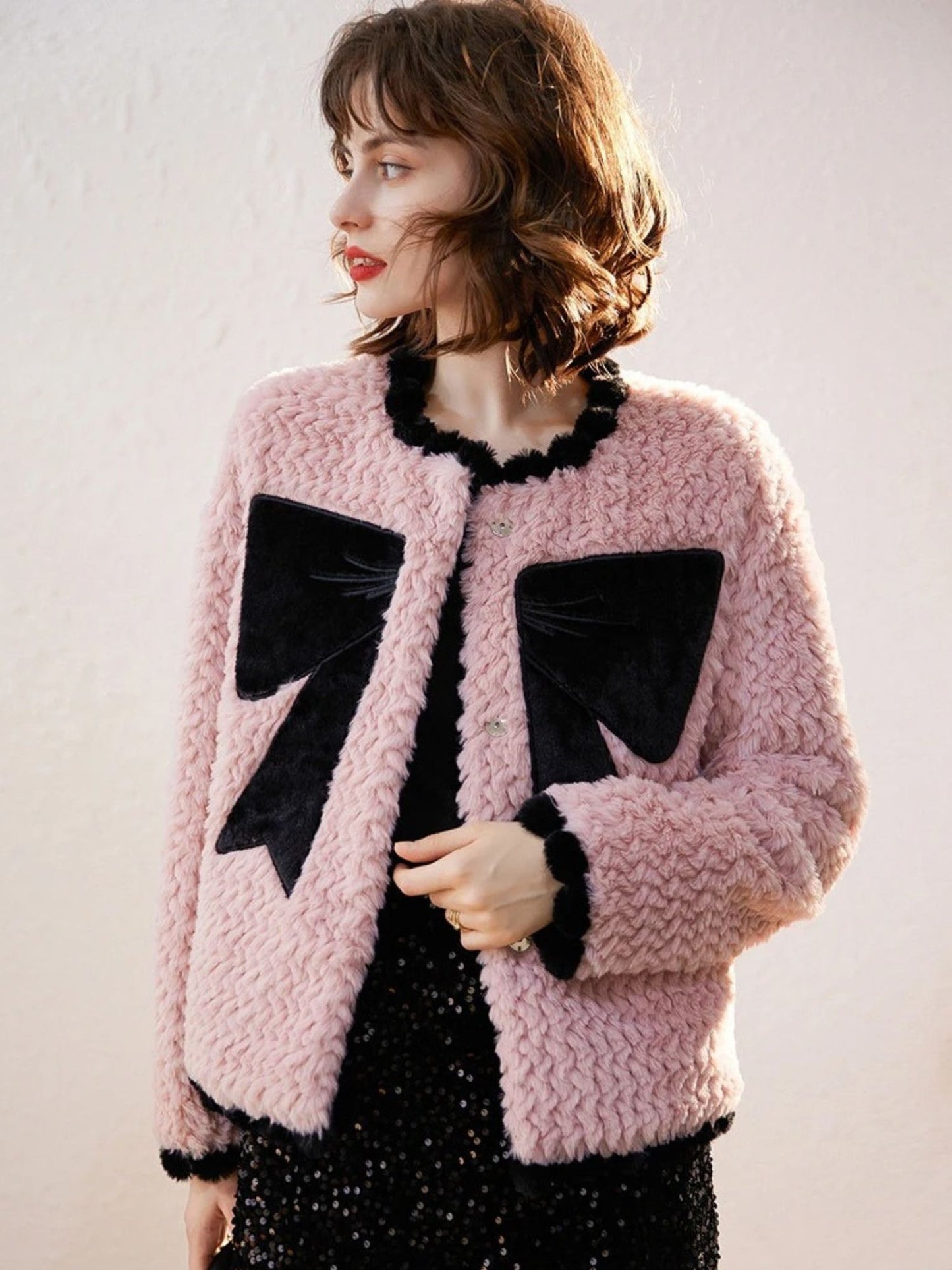 Faux Fur Jacket with Velvet Bow Design