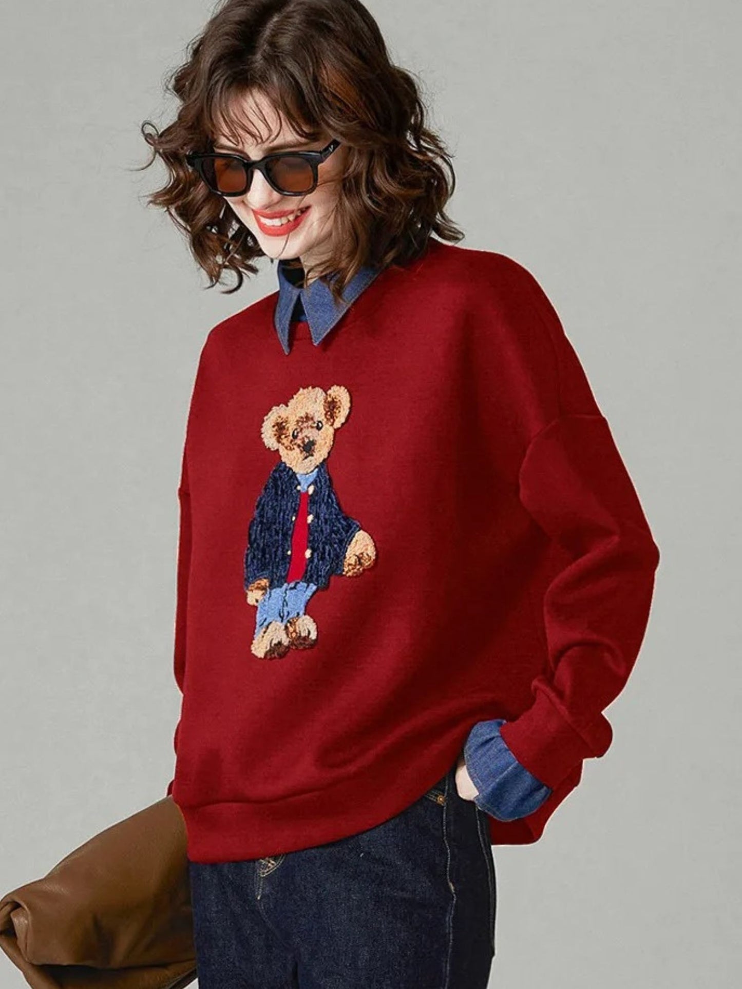 Teddy Bear Embroidered Jumper with Denim Collar