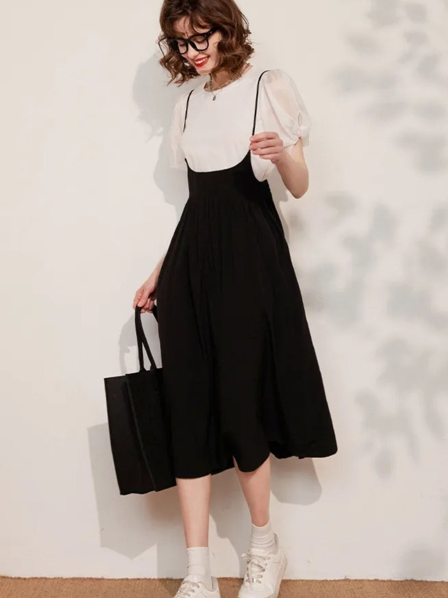 Suspender Dress Set with Puff Sleeve Blouse